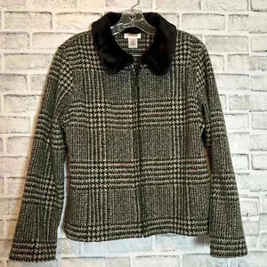Vintage Talbots Jacket Womens M Black Plaid‎ Faux Fur Collar Full Zip